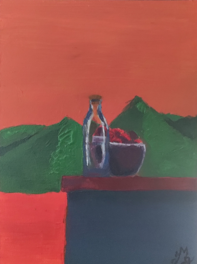 bouteille et saladier au crépuscule