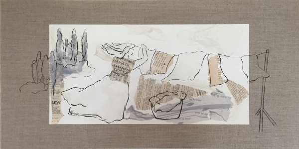 Au vent d'été - Encre de Chine et collages sur papier et toile de lin - 60x30cm