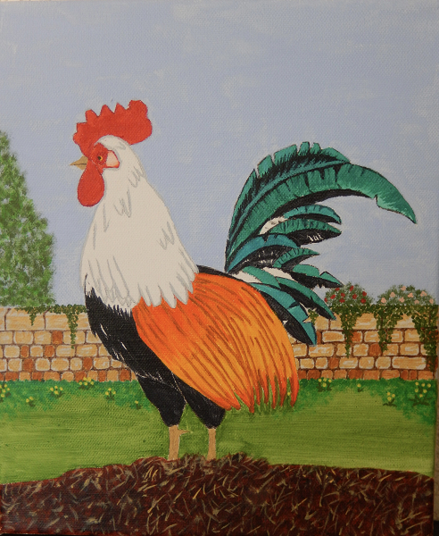Coq stylisé sur son garde-manger