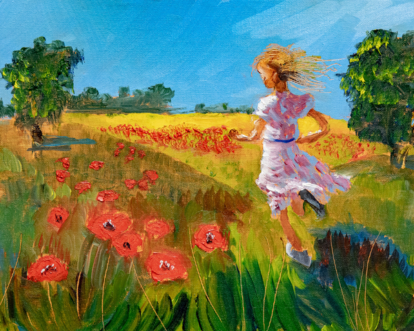 Fillette dans un champ de coquelicots