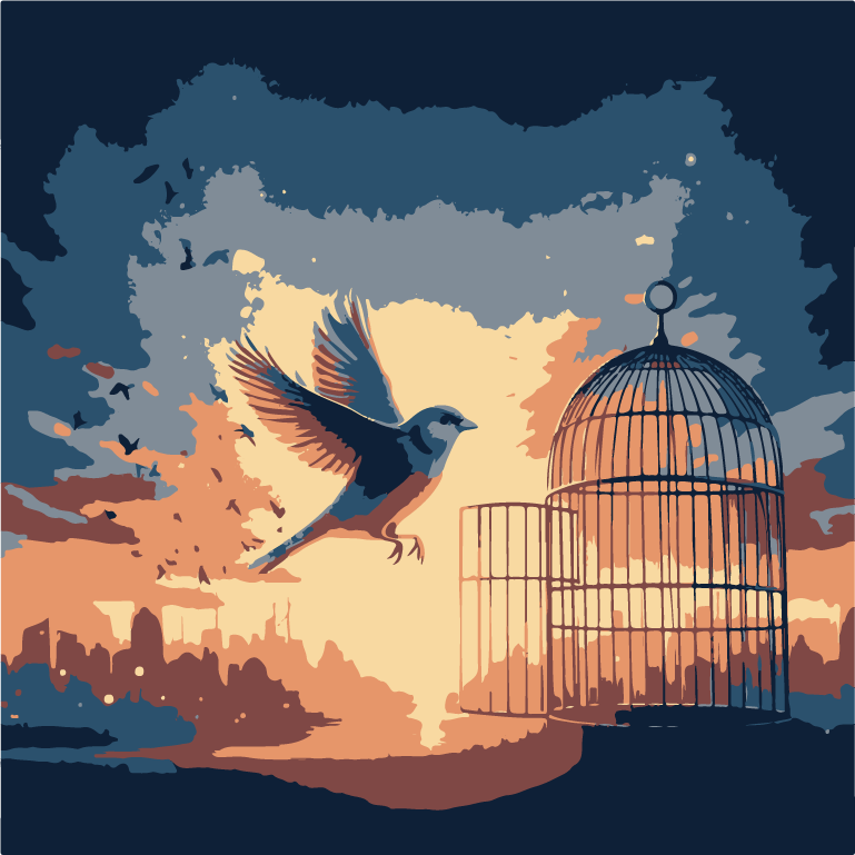 Oiseau quittant sa cage pour la liberté